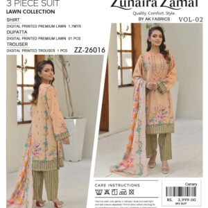zunaira zamal 3 piece printed lawn suit (zzlb 987401)